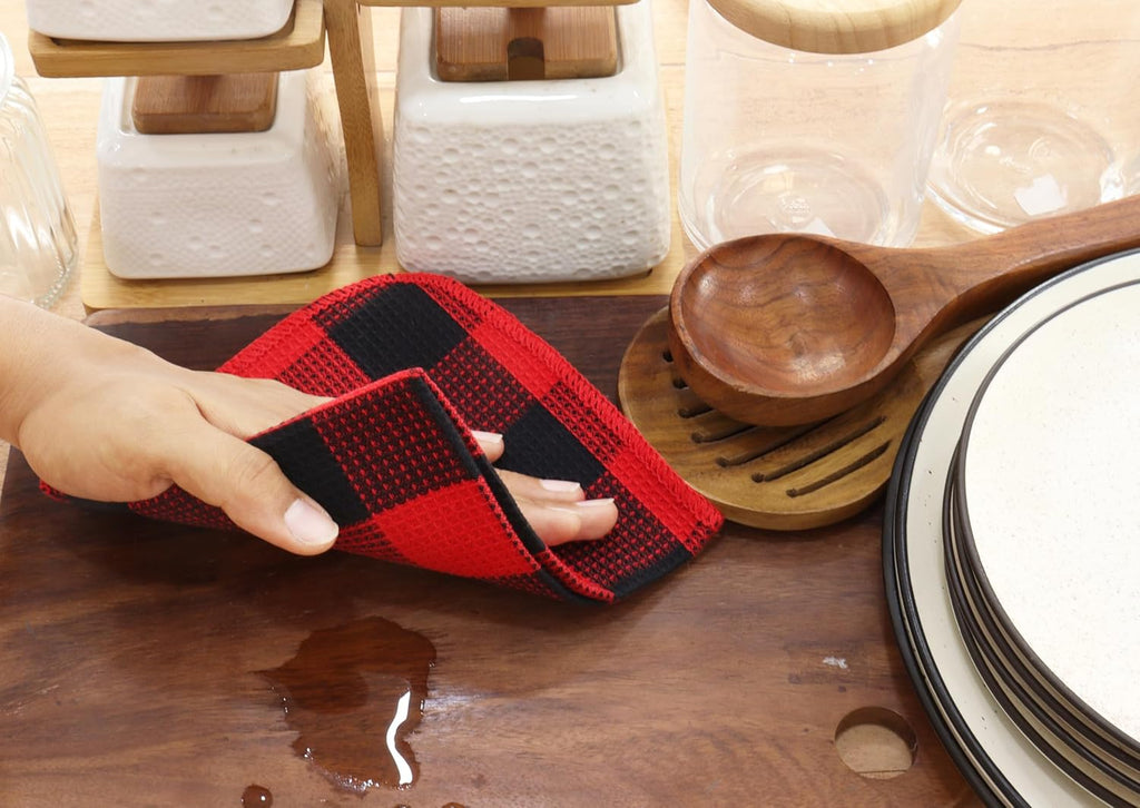 Waffle Weave Plaid Dish Cloths, 100% Cotton - 12 x 12 Inches, Ultra Soft Absorbent Quick Drying Dish Towels Buffalo Check Dish Rags for Kitchen, 8 Pack - Spring and Summer - Red & Black