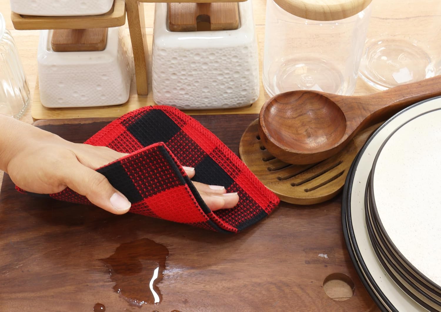 Waffle Weave Plaid Dish Cloths, 100% Cotton - 12 x 12 Inches, Ultra Soft Absorbent Quick Drying Dish Towels Buffalo Check Dish Rags for Kitchen, 8 Pack - Spring and Summer - Red & Black