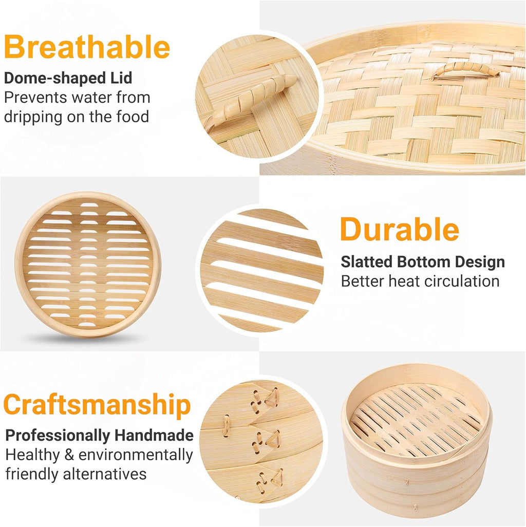 Bamboo Steamer - 2-Tier 10 Inch for Cooking Dim Sum, Momo, Rice - Chinese Basket for Bao Bun, Dumplings - Japanese Steaming