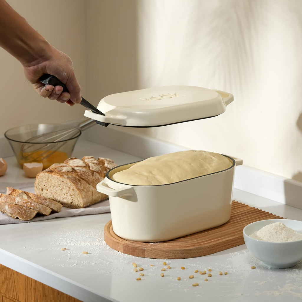 KooK Dutch Oven with Lid, Dual Handles, Enameled Cast Iron, includes Lid Lever, Great for Baking Bread, Cooking and Roasting, Dishwasher Safe, 3.4 Qt, Ivory