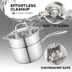 Leetaltree 3.5 Quart Stainless Steel Saucepan with Steamer Basket, Tri-ply Construction, Versatile Sauce Pan with Double-sized Drainage Lid - Perfect for Cooking Gravies, Pasta, Vegetable and More