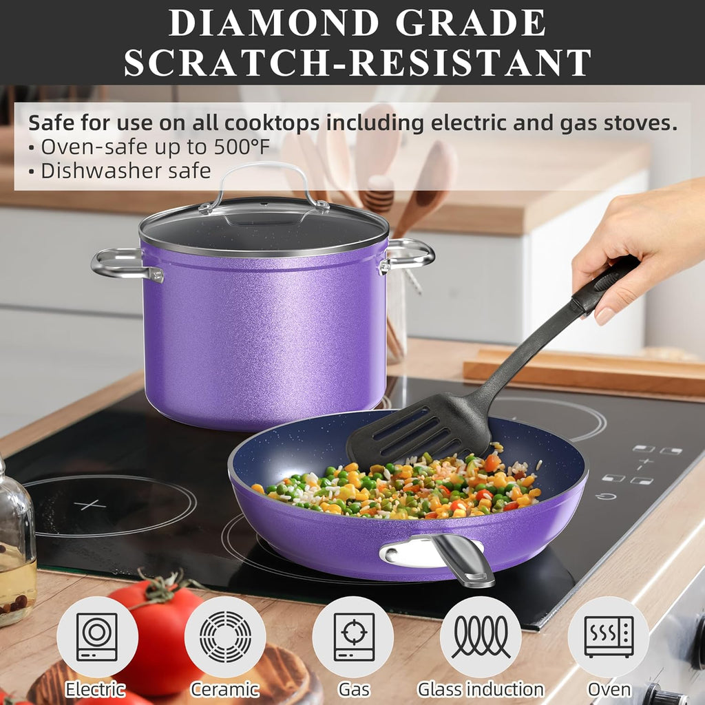 Nuwave Healthy Duralon Blue Ceramic Nonstick Cookware Set, Diamond Infused Scratch-Resistant, PFAS Free, Dishwasher & Oven Safe, Induction Ready & Evenly Heats, Tempered Glass Lids & Stay-Cool Handles