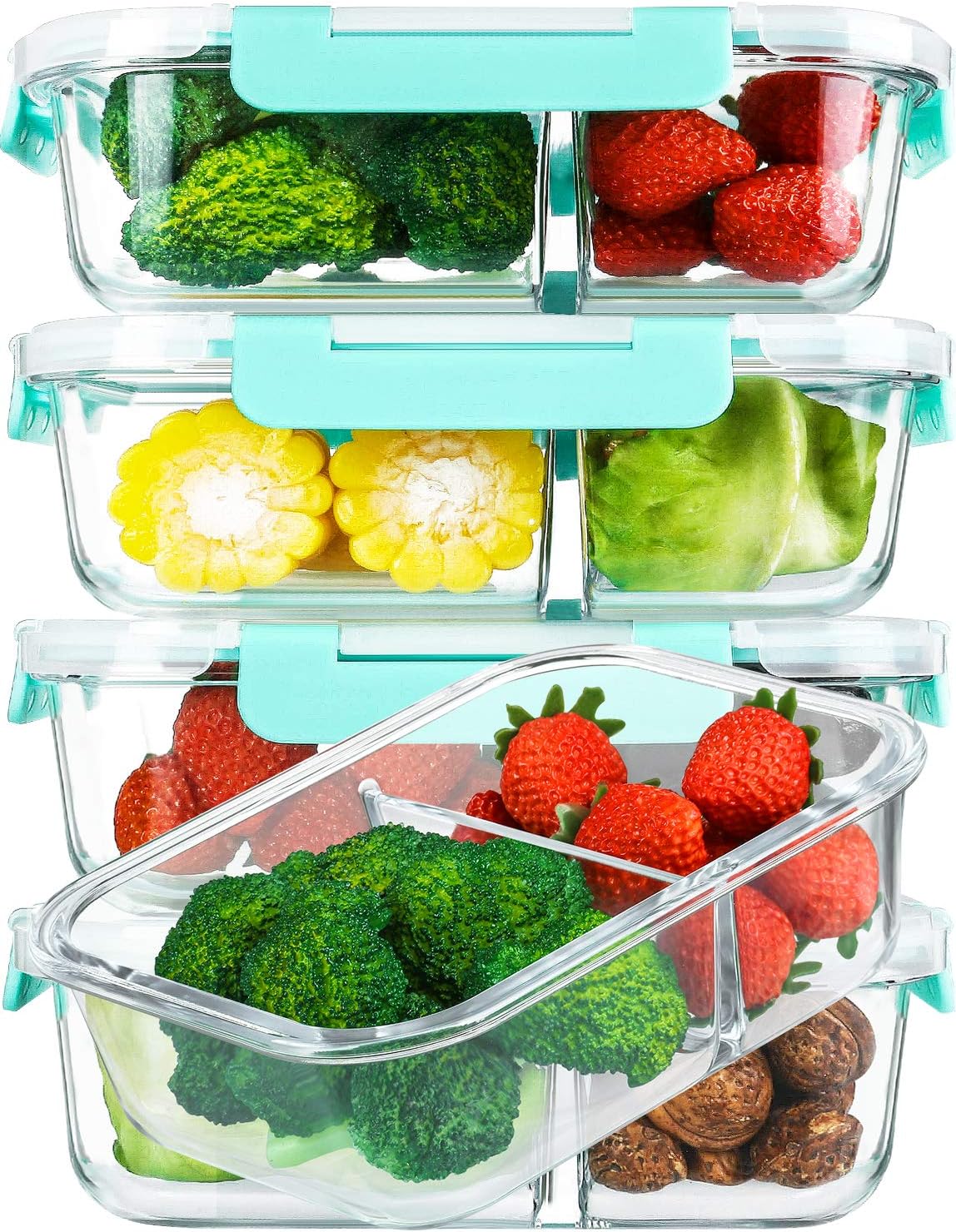 [5-Pack,36 Oz]Glass Meal Prep Containers 2 Compartments Portion Control with Upgraded Snap Locking Lids Glass Food Storage Containers, Microwave, Oven, Freezer and Dishwasher (4.5 Cups, Green)
