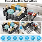 Extendable Dish Drying Rack, 2 in 1 Multifunction Dish Rack for Kitchen Counter, Expandable Dish Drainer Over Sink, Large Plate Strainer with Drainboard & Cups Holder