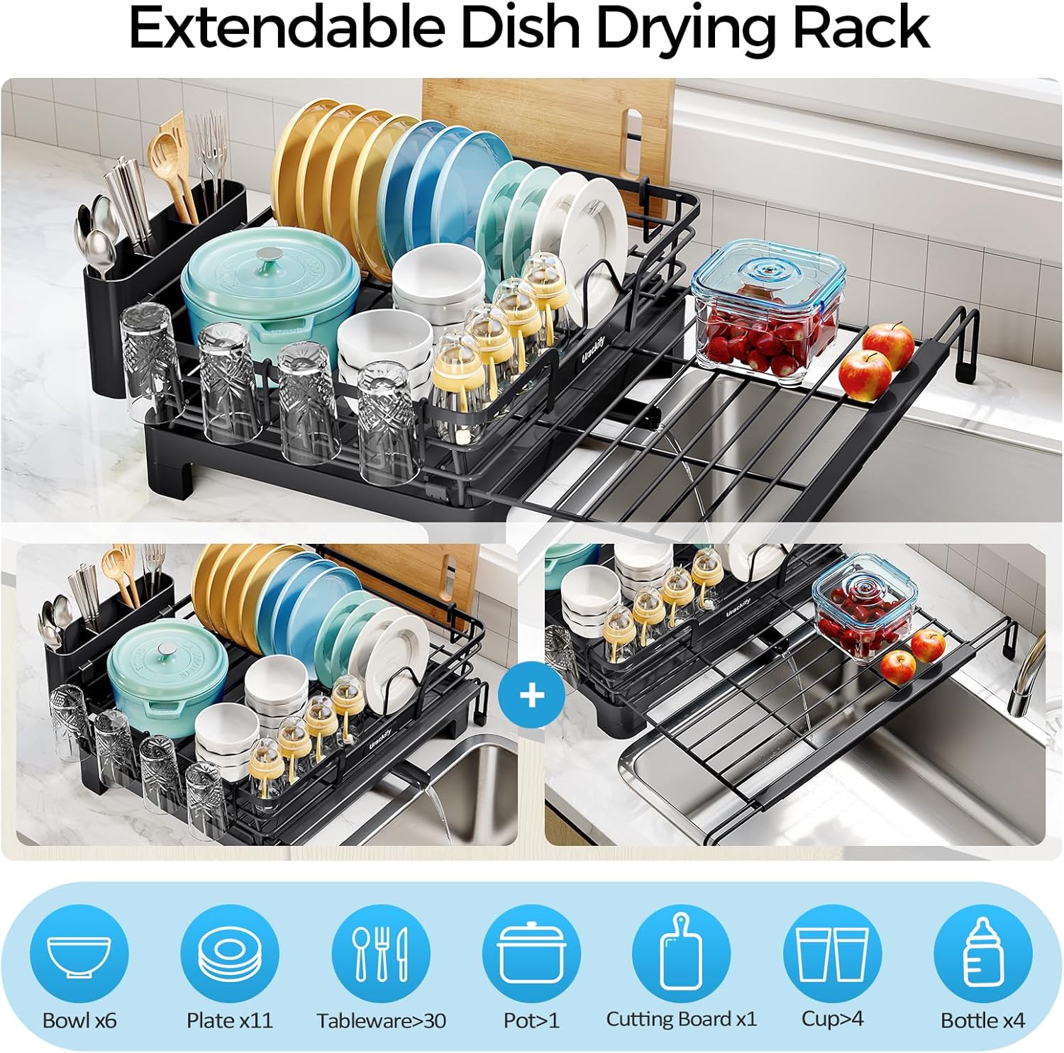 Extendable Dish Drying Rack, 2 in 1 Multifunction Dish Rack for Kitchen Counter, Expandable Dish Drainer Over Sink, Large Plate Strainer with Drainboard & Cups Holder