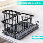 HapiRm Sink Caddy Sponge Holder - Kitchen Sink Organizer with Instant Drying Stone and Brush Holder, Stainless Steel Sponge Caddy for Kitchen Countertop - Black