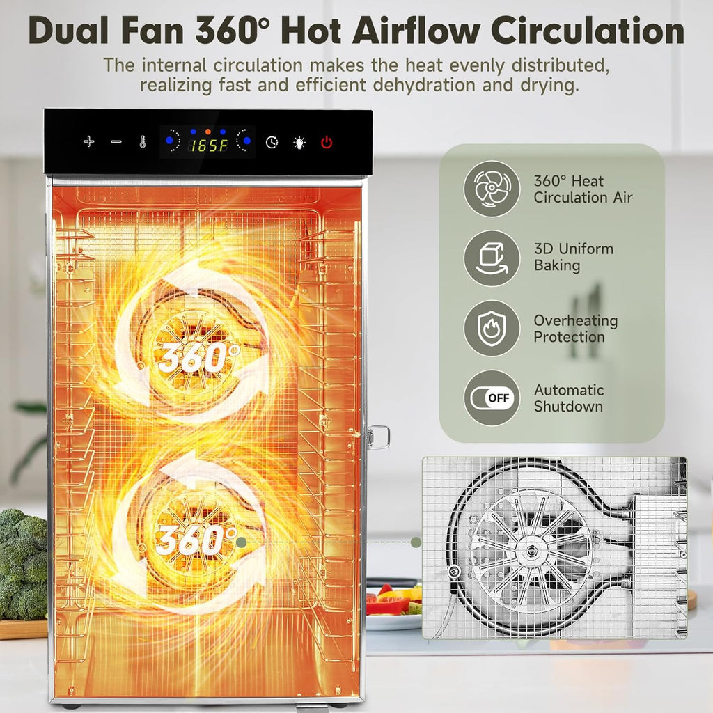 SUCISENI Food Dehydrator Machine 1000W 18 Trays Stainless Steel Commercial Food Dehydrated Dryer with 24H Timer Touch-Control LED Display, Compact Size for Home Jerky Herbs Meat Beef Fruit Vegetables
