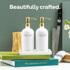 Vine Creations Glass Soap Dispenser Set, Kitchen Soap Dispenser Set with Ceramic Tray, 16 oz Dish Soap and Hand Soap Dispenser Set with Stainless Steel Pump Decor (White Bottle/Brushed Brass)