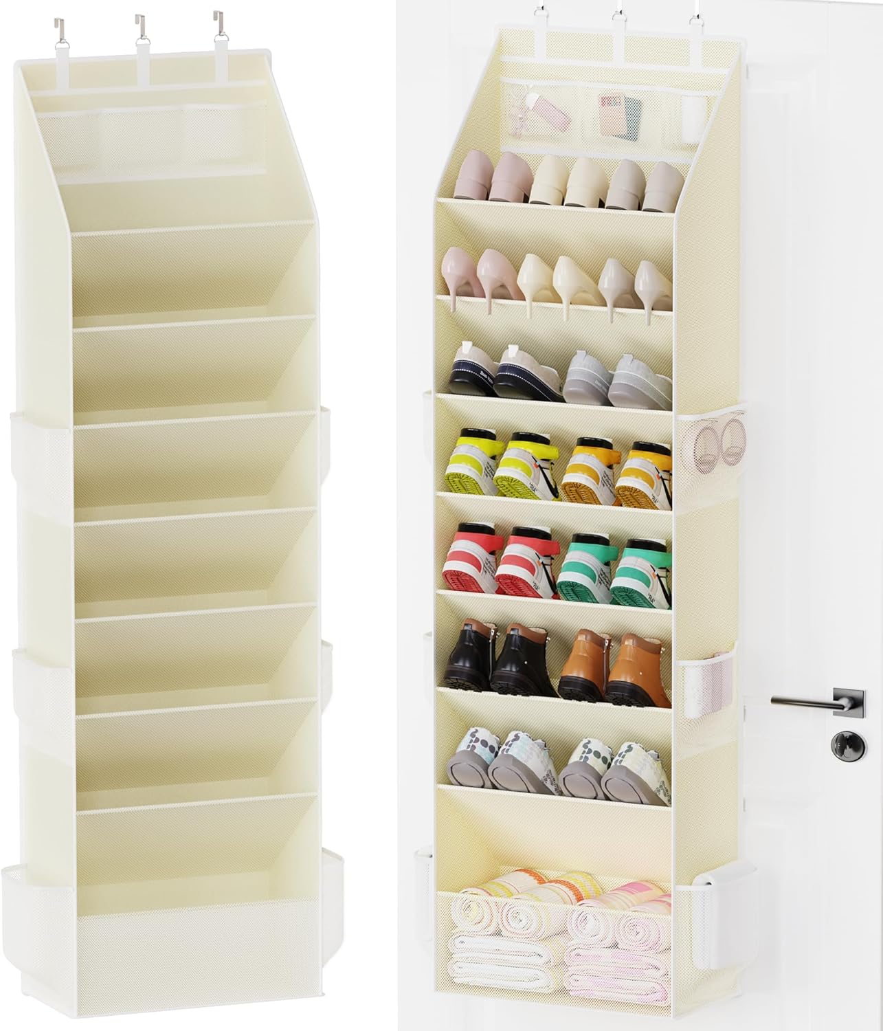 Criusia Shoe Storage, Over the Door Shoe Organizer, Hanging Closet Shoe Storage with Large Deep Pockets, Fits 16–24 Pairs of Sneakers, Sandals, Boots, Beige