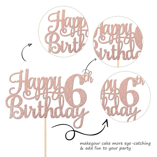 1 PCS Happy 6th Birthday Cake Topper - Glitter Cheers to 6 Years - Fabulous Cake Decoration for 6th Birthday Theme Party - Rose Gold