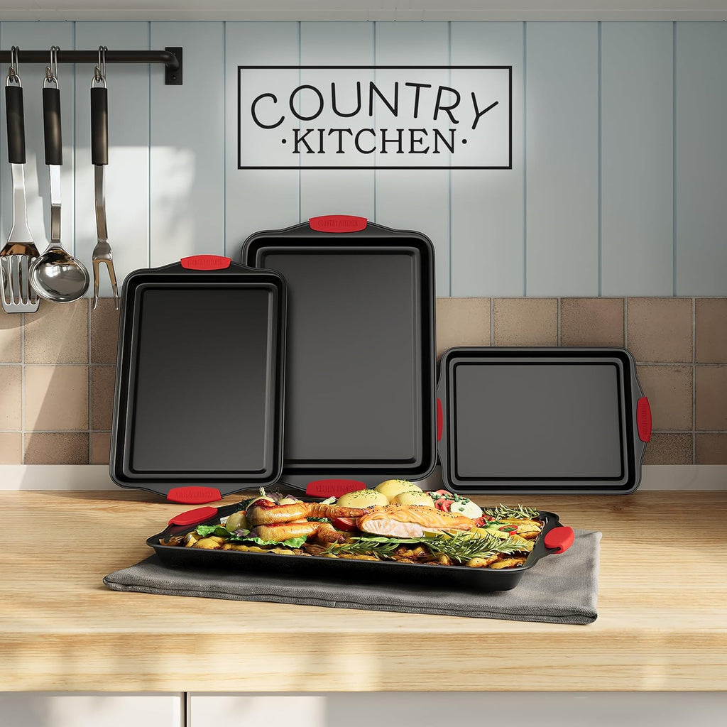 Country Kitchen Nonstick Stackable Bakeware Set - Heavy Duty, Durable, Easy Release Baking Set, Red, 4 Pcs