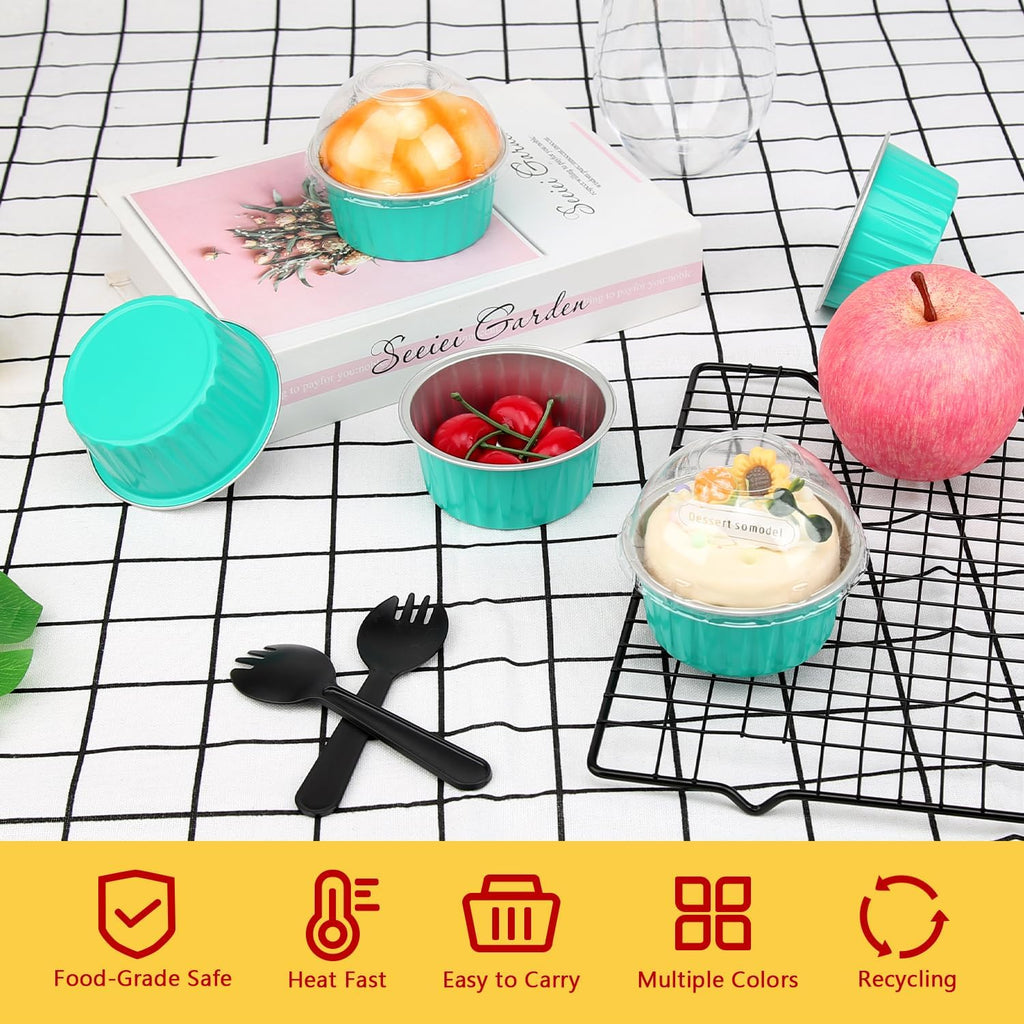 Cupcake Pans with Dome Lids 100 Pack,LNYZQUS 5oz Mini Aluminum Baking Pans Cupcake Cups Muffin Tin,Disposable Ramekins Mini Cake Pans Cupcake Containers Holders -Cyan Blue