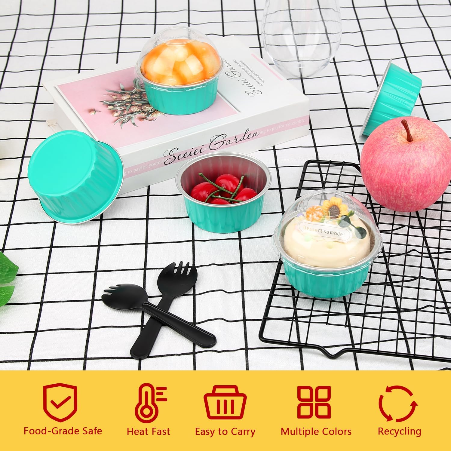 Cupcake Pans with Dome Lids 100 Pack,LNYZQUS 5oz Mini Aluminum Baking Pans Cupcake Cups Muffin Tin,Disposable Ramekins Mini Cake Pans Cupcake Containers Holders -Cyan Blue