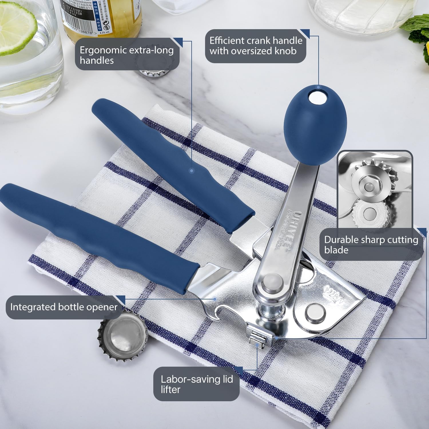 Commercial Can Opener, UHIYEE Hand Crank Can Opener Manual Heavy Duty with Comfortable Extra-long Handles, Oversized Knob, Large Handheld Can Open Easy for Big Cans, Blue