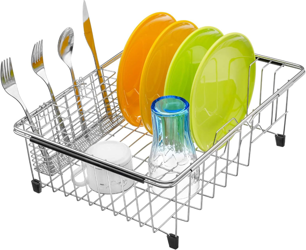 iPEGTOP Expandable Dish Drying Rack in Sink or Over Sink, Rustproof Stainless Steel Dish Drying Rack Basket Shelf, Multifunctional Dish Drainer Inside Sink Organizer with Utensil Cutlery Holder