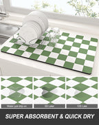 Rnivvi Dish Drying Mat for Kitchen Counter, XL 15 x 24" Cute Checkered Absorbent Draining Pad, Non-Slip Heat Resistant Coffee Bar Mat for Coffee Machine Station Accessories, Green White Dish Rack Pad