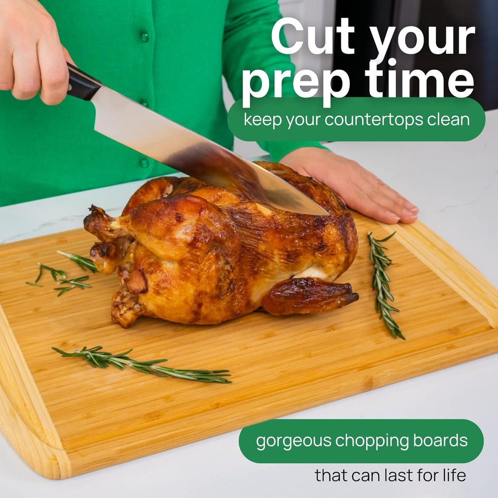 Organic Extra Large Bamboo Cutting Board –18 Inch Reversible Wooden Chopping Board with Juice Groove – Used to Chop, Slice & Serve – Intended for Home Cooks, Families & Entertainers for Meal Time Prep