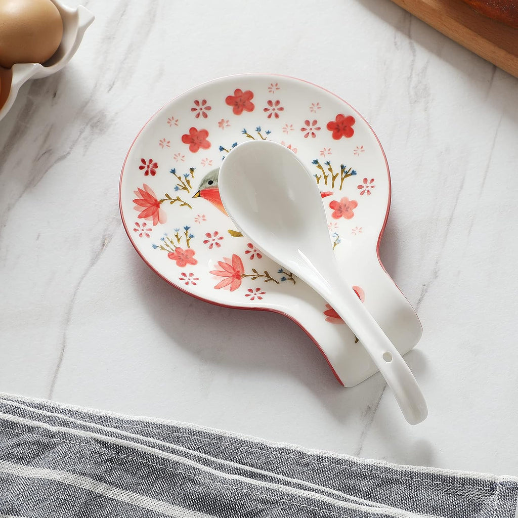 Hand Painted Spoon Rest, 5.5" Ceramic Spoon Holder for Stove Top and Kitchen Counter, Red Spring Bird Utensil Rest, Great Cooking Gifts for Bird Lover/Friend, Modern Kitchen Decorative