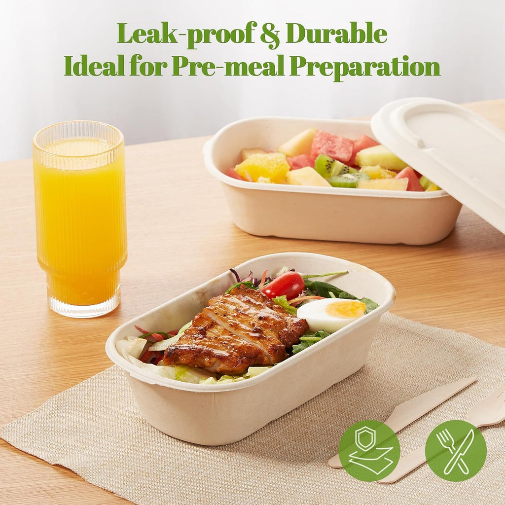 [100% Eco-Friendly] 34 oz Disposable Food Containers with Lids – Sugarcane Pulp Take Out Containers, Biodegradable Lunch Box, Compostable and Microwave Safe To-Go Boxes for Meal Prep – Pack of 50