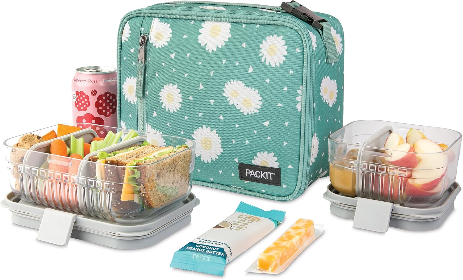 PackIt Freezable Classic Lunch Box, Daisy Sage, Built with ECOFREEZE Technology, Collapsible, Reusable, Zip Closure With Zip Front Pocket and Buckle Handle, Designed for Fresh Lunch On the Go