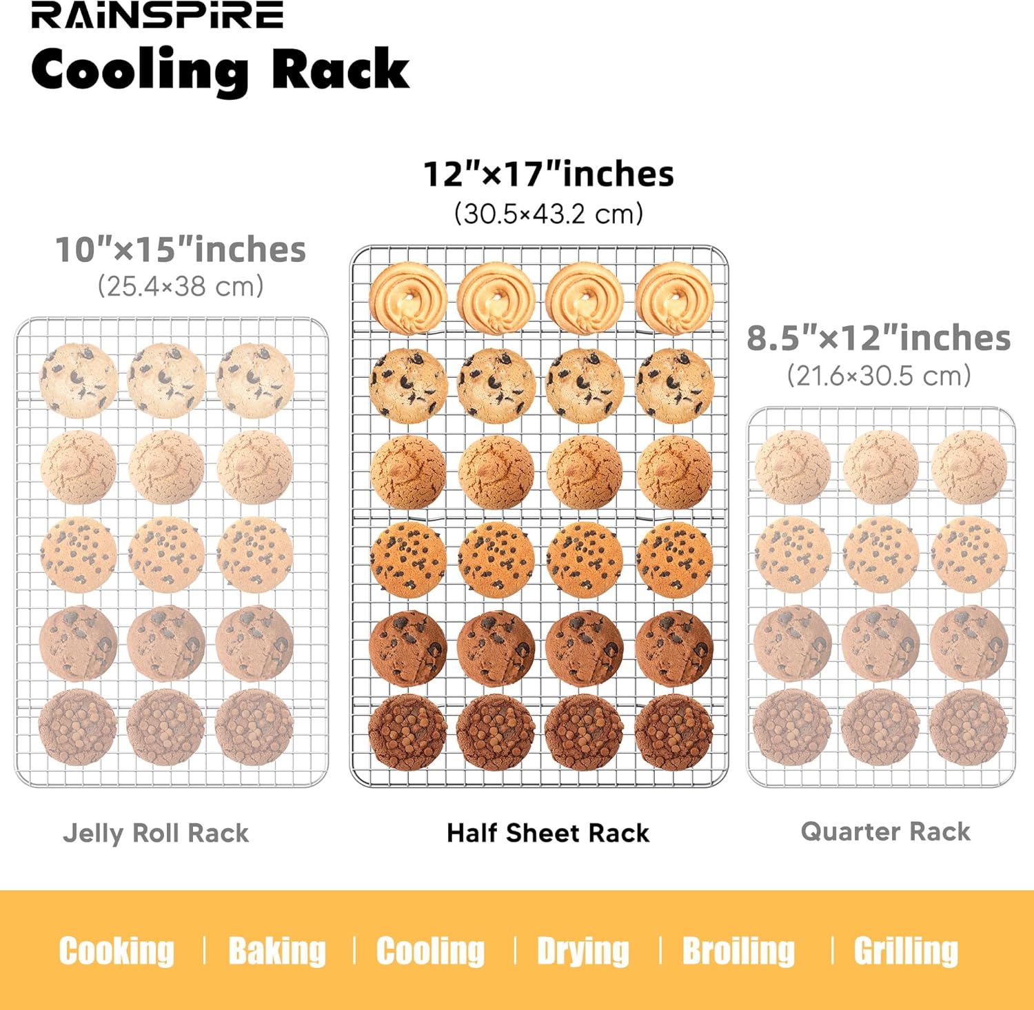Rainspire Cooling Rack Stainless Steel, Heavy Duty Cooling Racks for Cooking and Baking, Oven Safe Wire Rack for Cooking, Baking Rack for Oven Cooking Fits Half Sheet Cookie Pan, 12" x 17", 2-Pack