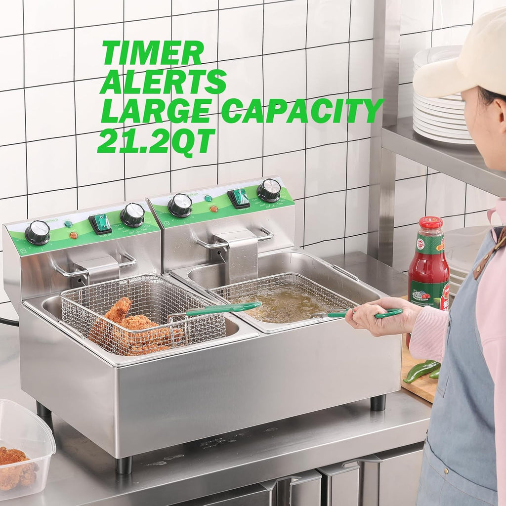 20L/21.2QT Commercial Deep Fryer with Timer Dual Tank Electric Countertop Fryer with Double Baskets and Lids, Temp Control, 3400W/110V Stainless Steel Large Deep Fryer for Restaurant Kitchen