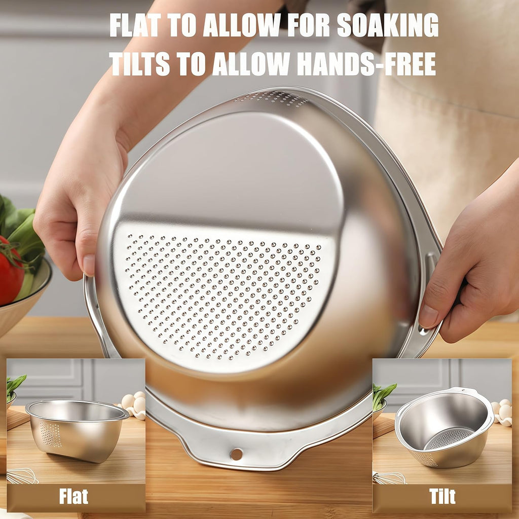 Rice Washer Strainer Bowl Quinoa Washing Bowl Stainless Steel Colander Versatile Side Drainers for Cleaning Rinsing Fruits, Vegetables, and Beans - Multifunctional Drain Basket