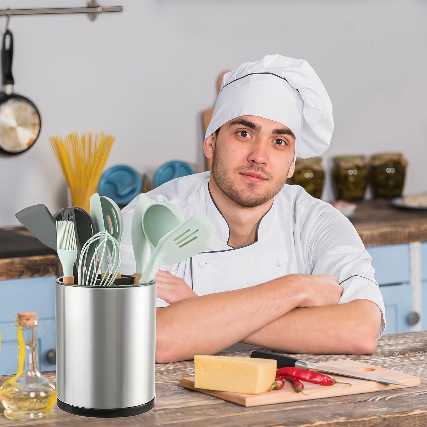 Utensil Holder,4-in-1 Large Kitchen Utensil Holder For Counter,Rotating Silverware Organizer Cooking Flatware Spoon Spatula Tool Cutlery Container Stainless Steel Caddy