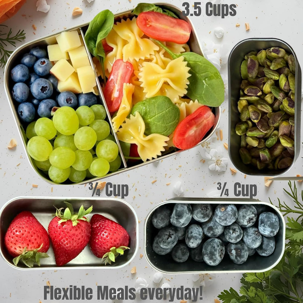 Flexibento - Leak proof Stainless Steel Lunch Box | Bento Box |Food , Lunch Containers with Silicone Lids| sandwich and Snack Containers |Metal lunch Box |Black | 27 OZ, 2*6.5 OZ| Adjustable Divider