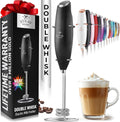 Zulay Kitchen Powerful Double Whisk Milk Frother Handheld - Foam Maker With Stand - Whisk Drink Mixer for Coffee, Mini Foamer for Latte, Matcha, Frappe, Hot Chocolate & Cappuccino (Metallic Black)
