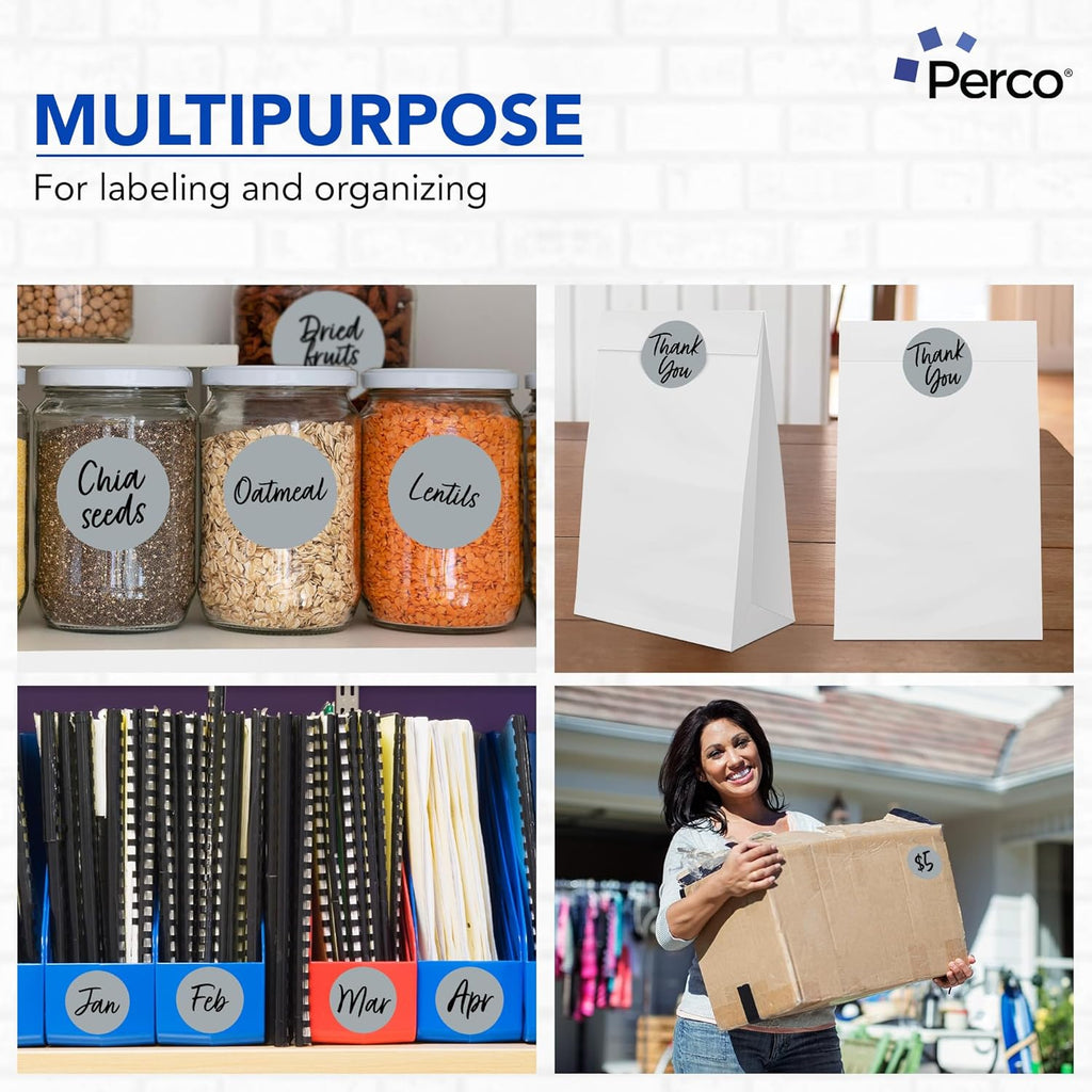 Perco Grey 3-Inch Round Circle Dot Sticker Labels with Easy Peel Perforation - 500 Labels per Roll - Strong Adhesion, Vibrant Colors for Organizing, Crafting & More - Made in USA