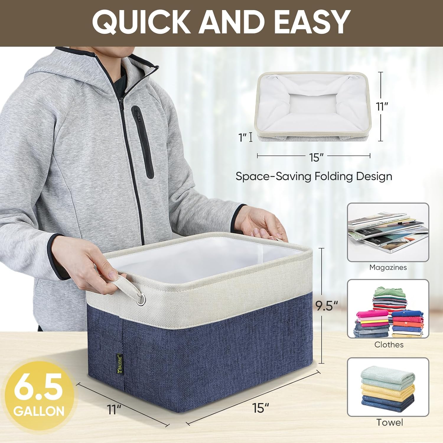 BALEINE 2 Pack Fabric Storage Bins for Shelves, Linen Storage Baskets for Organizing, Decorative Closet Bins for Clothes, Home (Navy Blue, 15"x11"x9.5") ﻿
