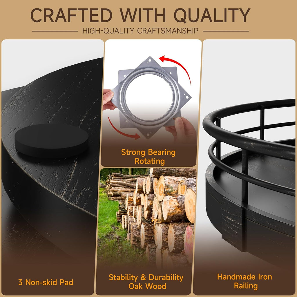 12" Oak Bathroom Vanity Tray Turntable for Perfume Candle, Round Wooden Decorative Tray for Kitchen Sink Countertop Organizer, Bathroom Counter Organizer for Skincare Makeup, Farmhouse Black Gold