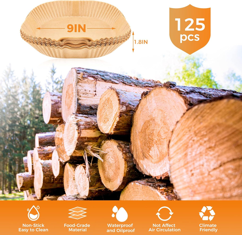 Vailnd 9inch Square Air Fryer Disposable Paper Liners, 125PCS Non-Stick Food Grade Air Fryer Parchment Liner, Oil Resistant, Waterproof, Food Grade Baking Paper for 8-12 QT Air Fryer Microwave
