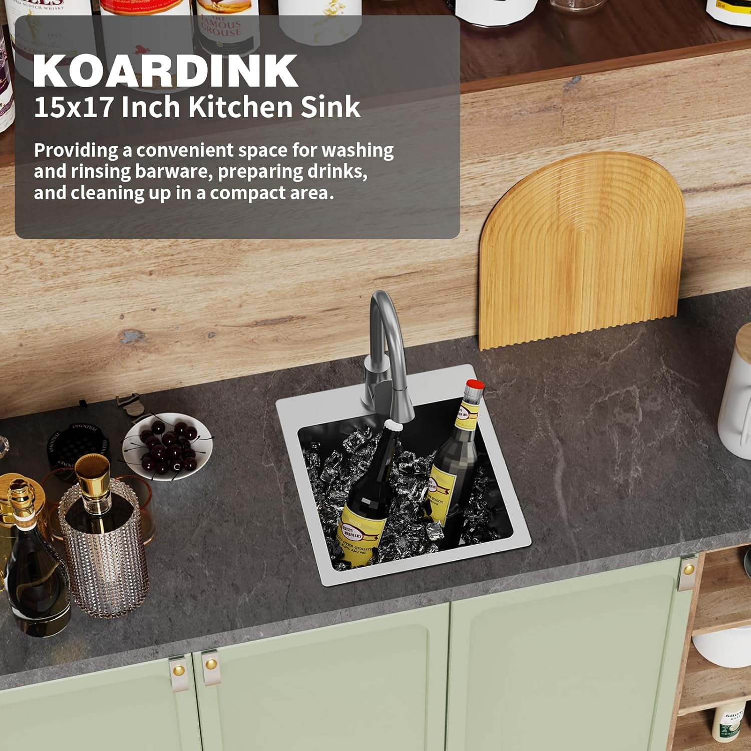 Kitchen And Bar Sink, 15x17 Inch Stainless Steel Drop In Kitchen Sink Modern Single Bowl Topmount Bar Sink Combo-Silicon Mat,Drain Strainer Set Compatibility With Various Kitchen & Bar Style