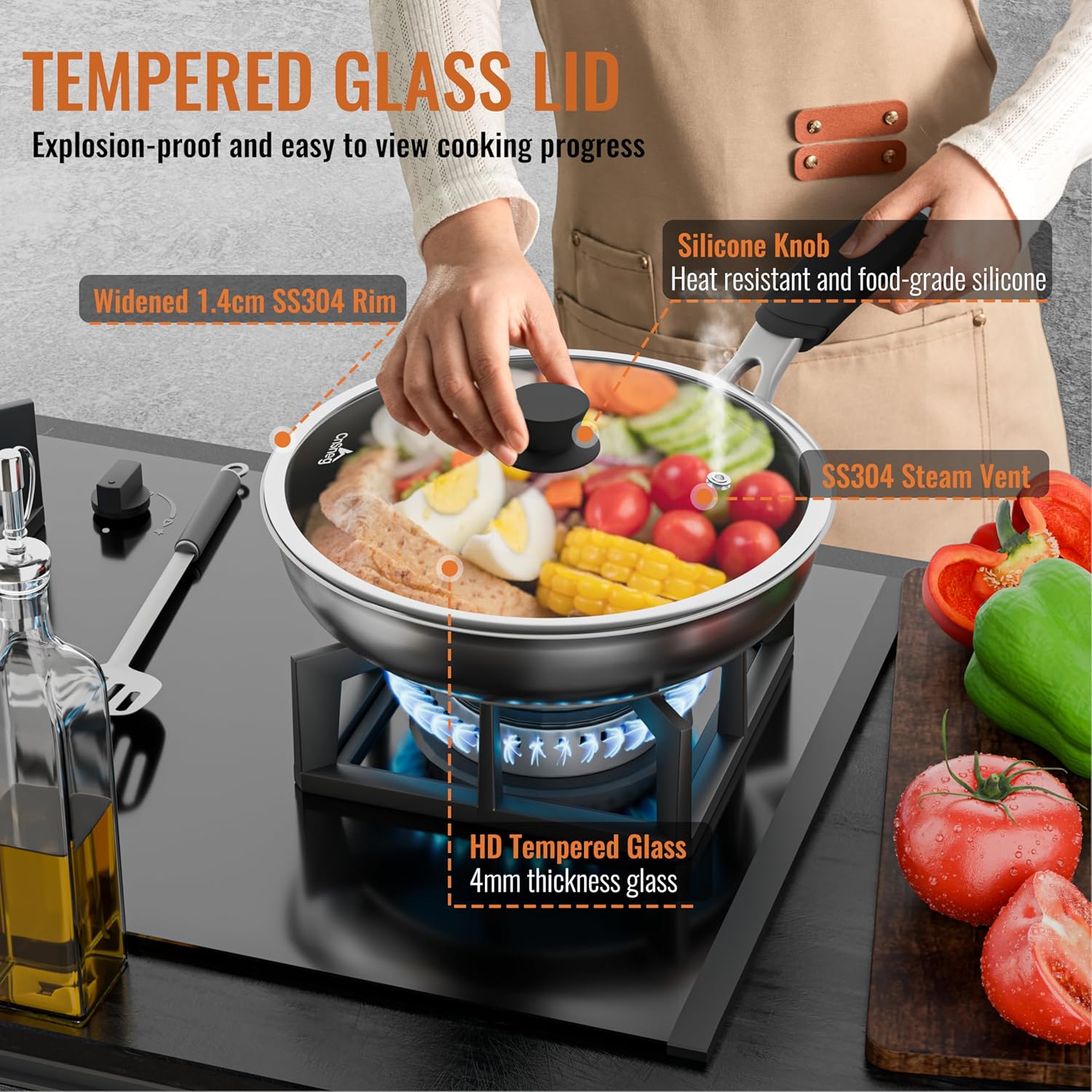 Tempered Glass Lids for Pots and Pans, Cast Iron Skillet Lid 10.5 Inch, Frying Pan Lid, Replacement Pan Cover, Wok, Crock Pot Lid with Wide Stainless Steel Rim, Heat Resistant Cookware Pan Lids