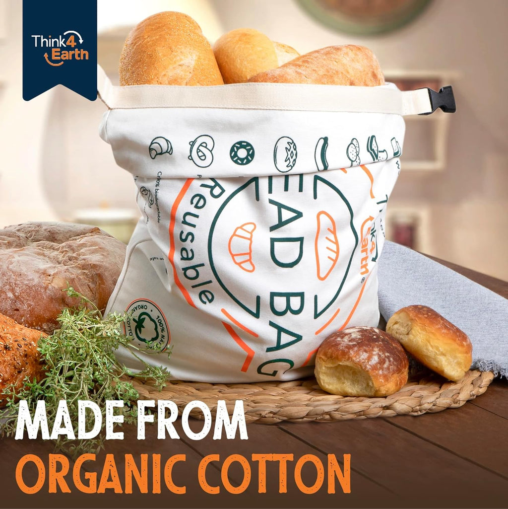 Think4Earth® - Reusable Organic Cotton Bread Bag for Homemade Loaves Large | Premium Quality Storage Bags - Unique Cotton Bags for Sourdough, Safe and Eco-Friendly (2 Units)