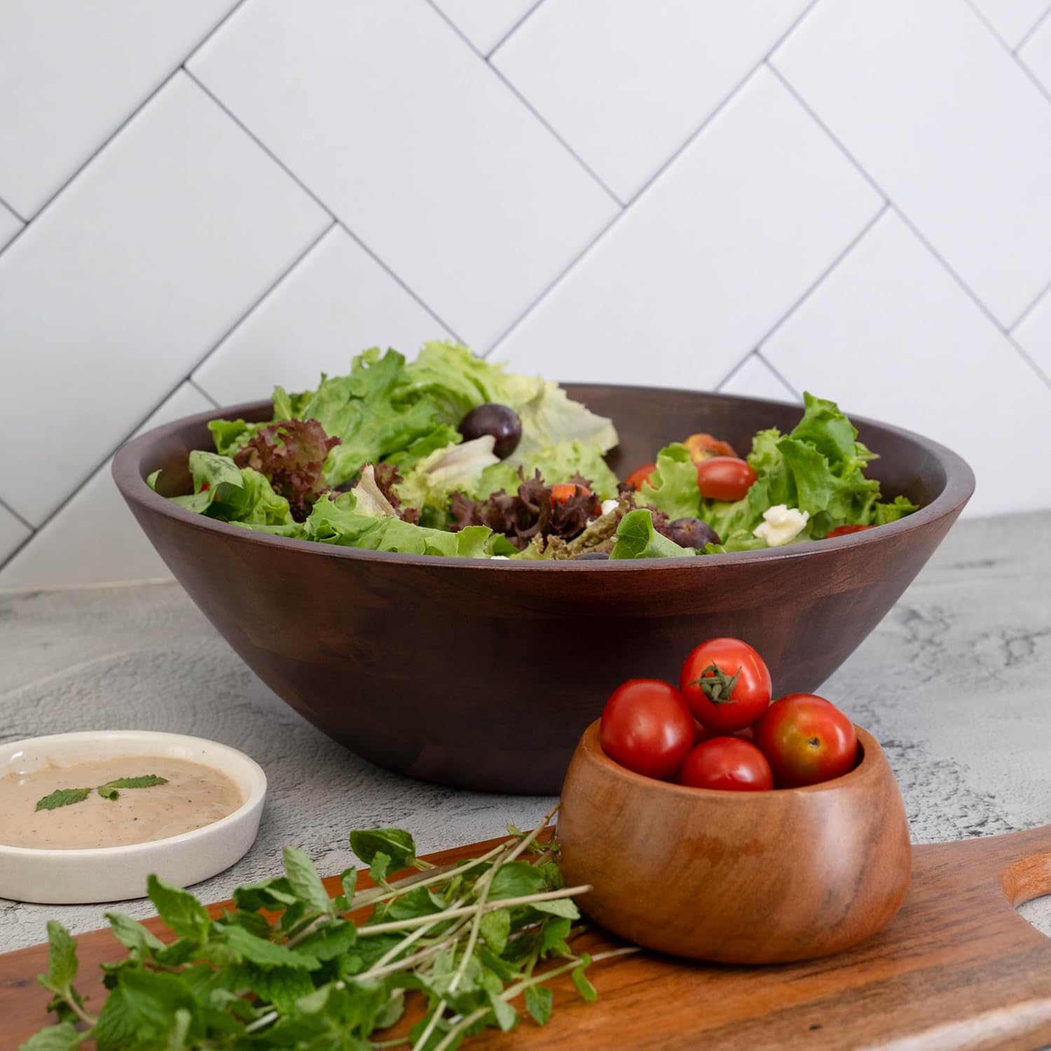 Luxe Designs Wooden Salad Bowl Set - Food Safe & Sustainable Decorative Bowl - Wood Bowl for Fruits, & Salads - Easy to Clean Large Salad Bowls Set w/Spoon, Fork – Wooden Bowls for Food (Dark Burnt)