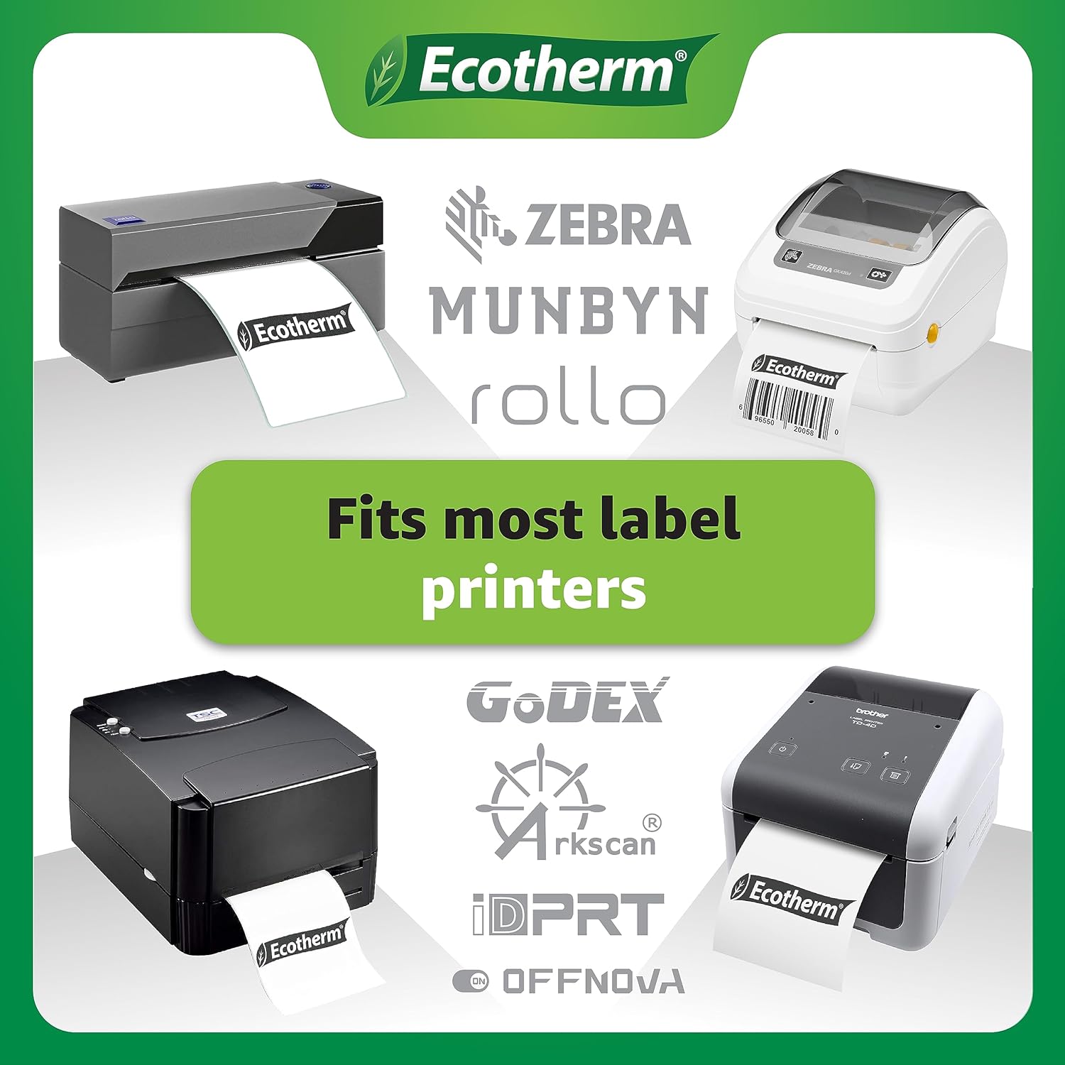3" x 2" Thermal Labels | 4 Rolls | 2940 Labels | fits Zebra, Munbyn, Rollo, Godex, Arkscan, iDPRT, Offnova Thermal Label Printers and More | Blank White Adhesive Stickers by Ecotherm