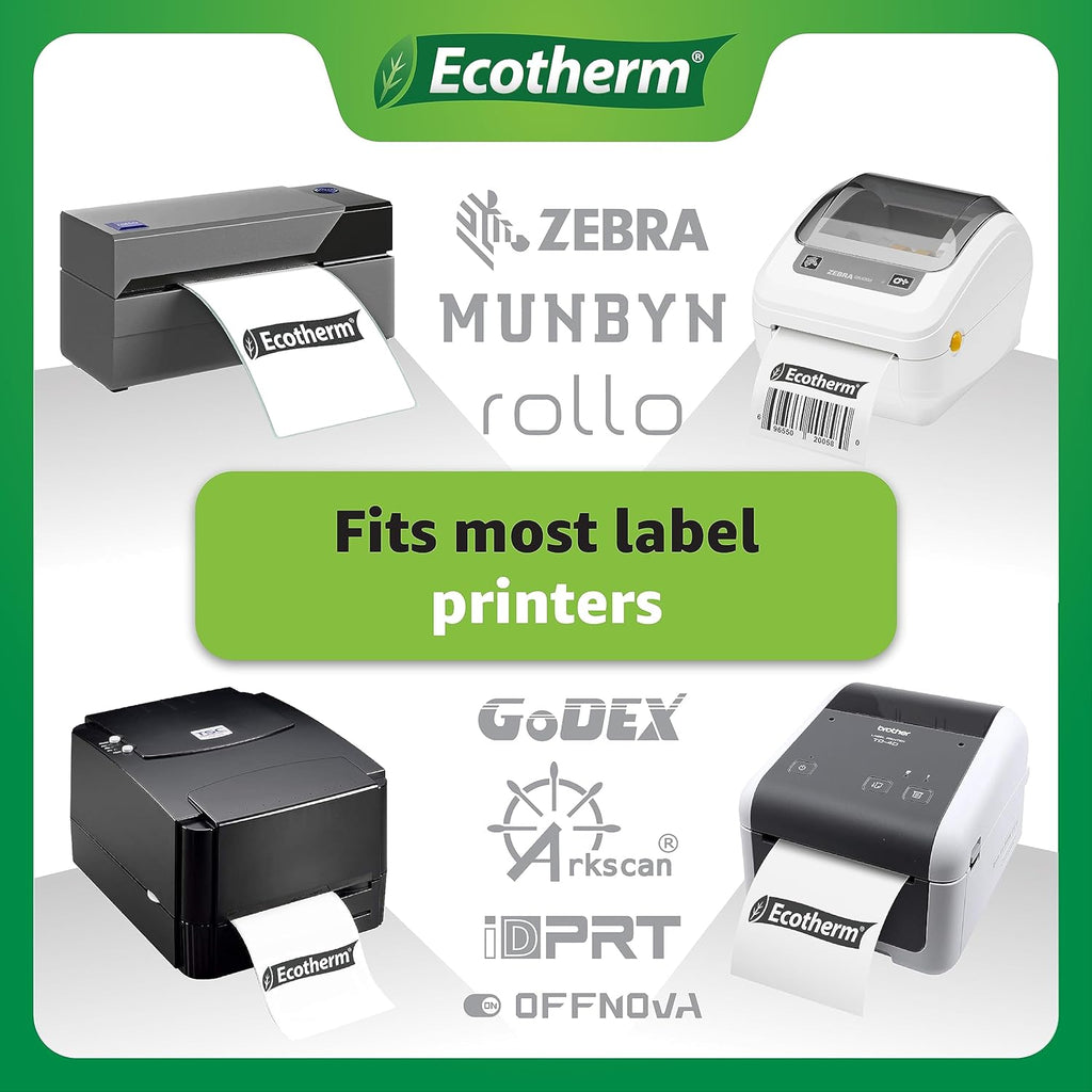 4" x 2" Thermal Labels | 6 Rolls | 7500 Labels | fits Zebra, Munbyn, Rollo, Godex, Arkscan, iDPRT, Offnova Thermal Label Printers and More | Blank White Adhesive Stickers by Ecotherm