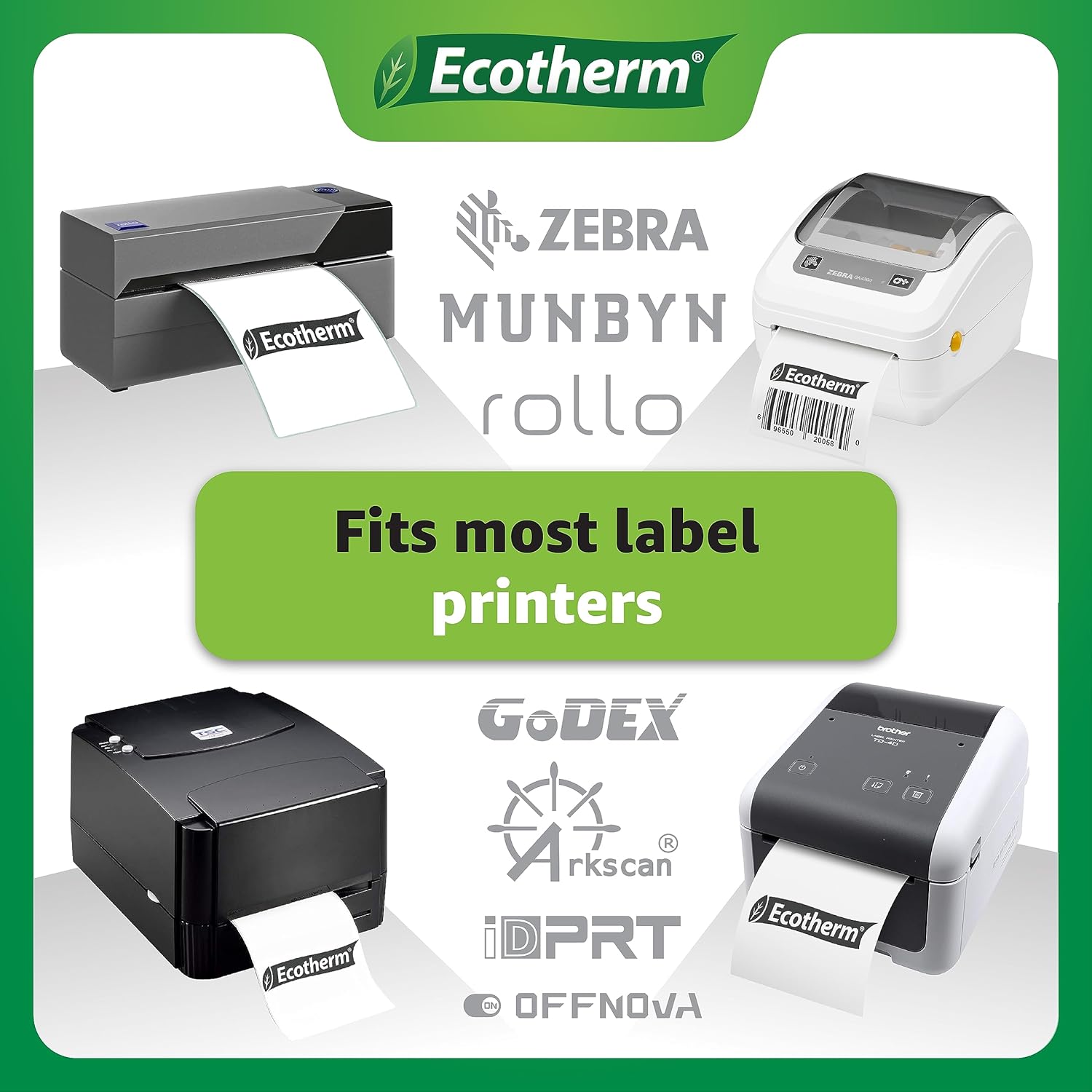 2.25" x 4" Thermal Labels | 4 Rolls | 1440 Labels | fits Zebra, Munbyn, Rollo, Godex, Arkscan, iDPRT, Offnova Thermal Label Printers and More | Blank White Adhesive Stickers by Ecotherm