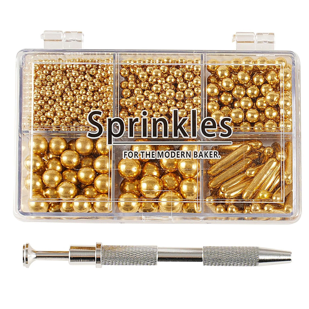 Kasvan Gold Mix Sugar Sprinkles - Edible Candy Pearls with 4-Claw Sprinkle Pen,118g/4.16 Oz, Gift Box Pack, Baking Cake Decorations, Ice Cream Toppings and Cookie Decorating, Wedding Party Chirstmas Supplies