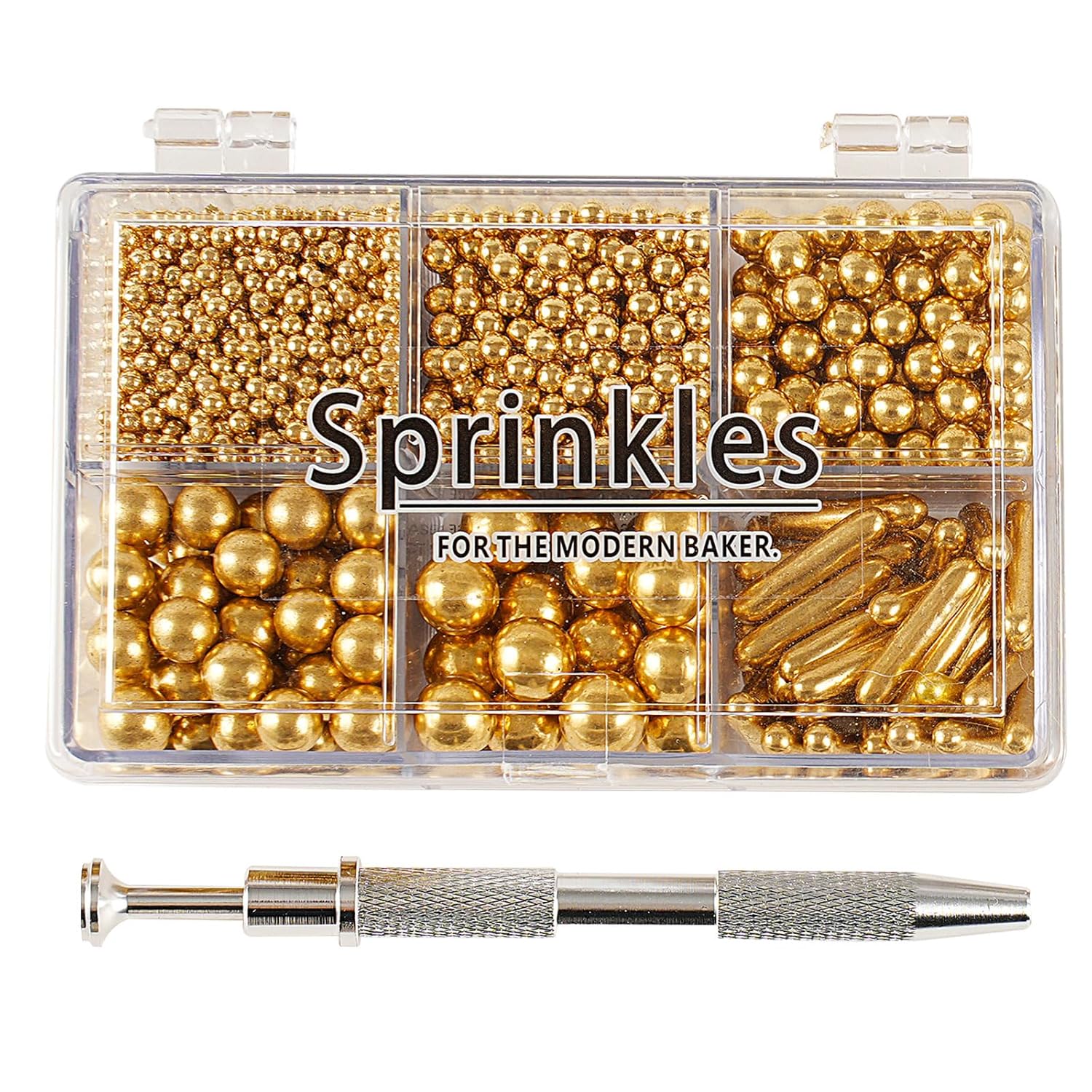 Kasvan Gold Mix Sugar Sprinkles - Edible Candy Pearls with 4-Claw Sprinkle Pen,118g/4.16 Oz, Gift Box Pack, Baking Cake Decorations, Ice Cream Toppings and Cookie Decorating, Wedding Party Chirstmas Supplies