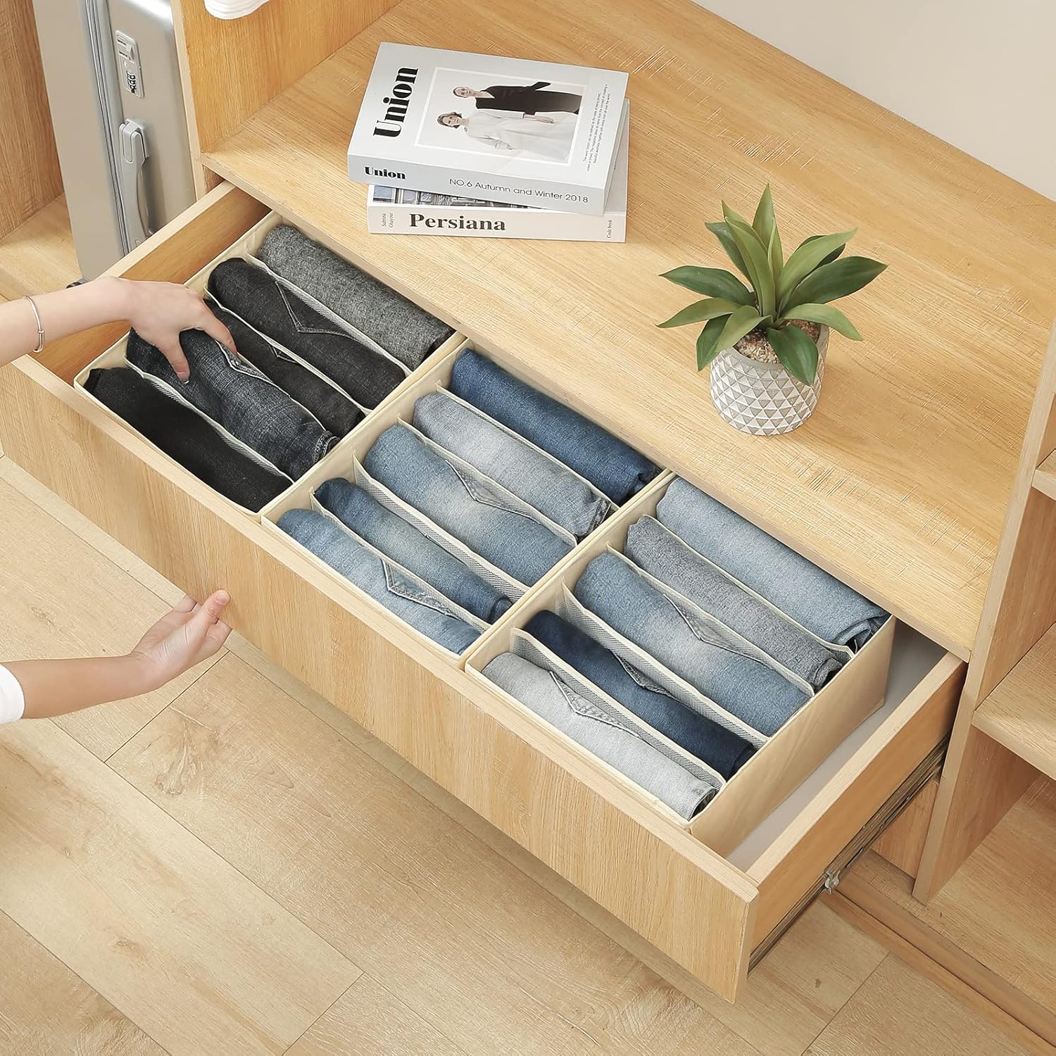 Qozary Jeans Pants Organizer for Closet, 4 Pack Drawer Organizers for Clothing, 5 Grids Wardrobe Clothes Organizer, Jean Organizer for Closet, Deep Drawer, Clothes Organizer for Shirts, Legging