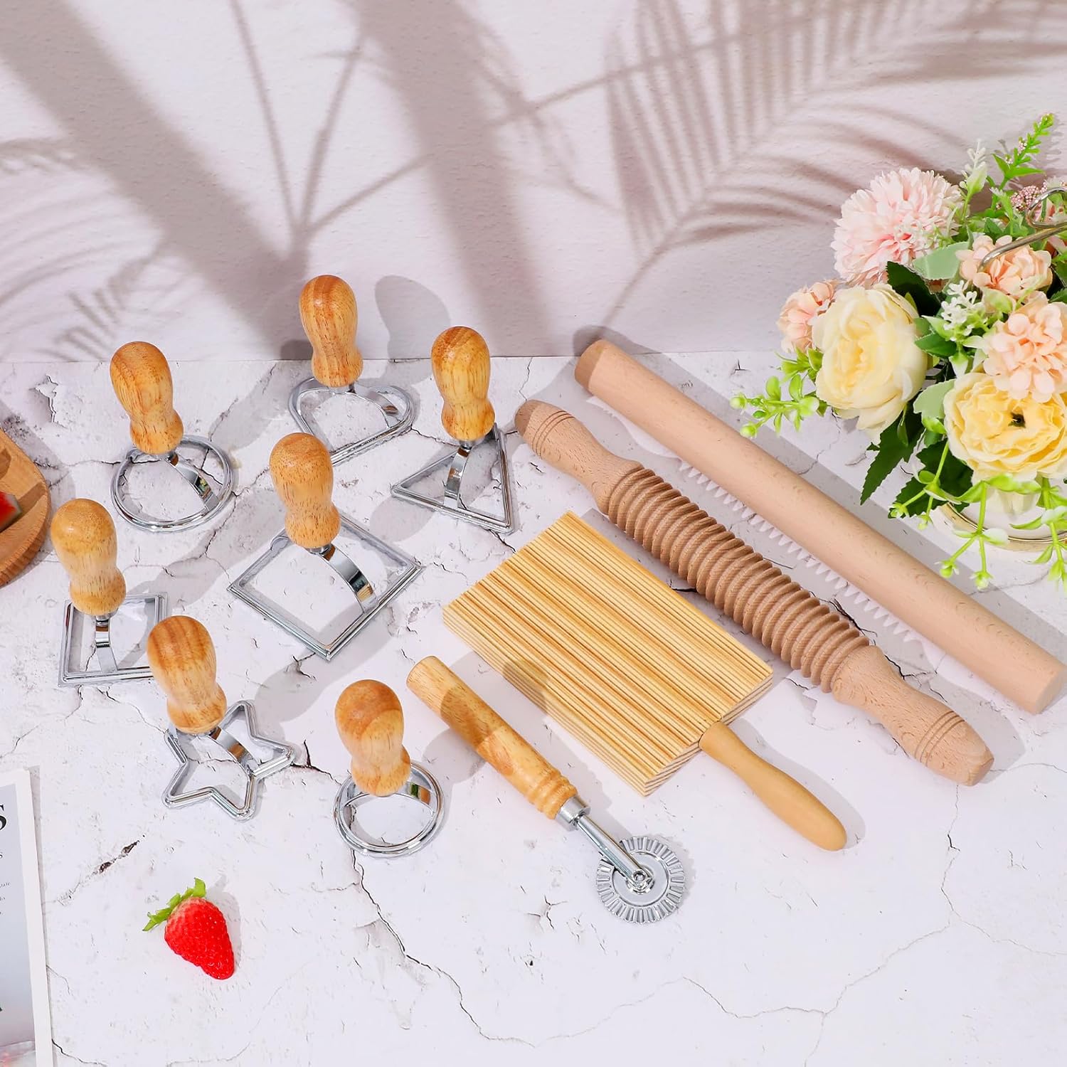 Pasta Making Tool Set of 11, Ravioli Maker Cutter Stamp Set, 1 Pasta Cutter Wheel with 1 Dough Roller, 1 Wood Gnocchi Board with 1 Ravioli Rolling Pin, Pasta Maker Tools for Lasagna, Pierogi