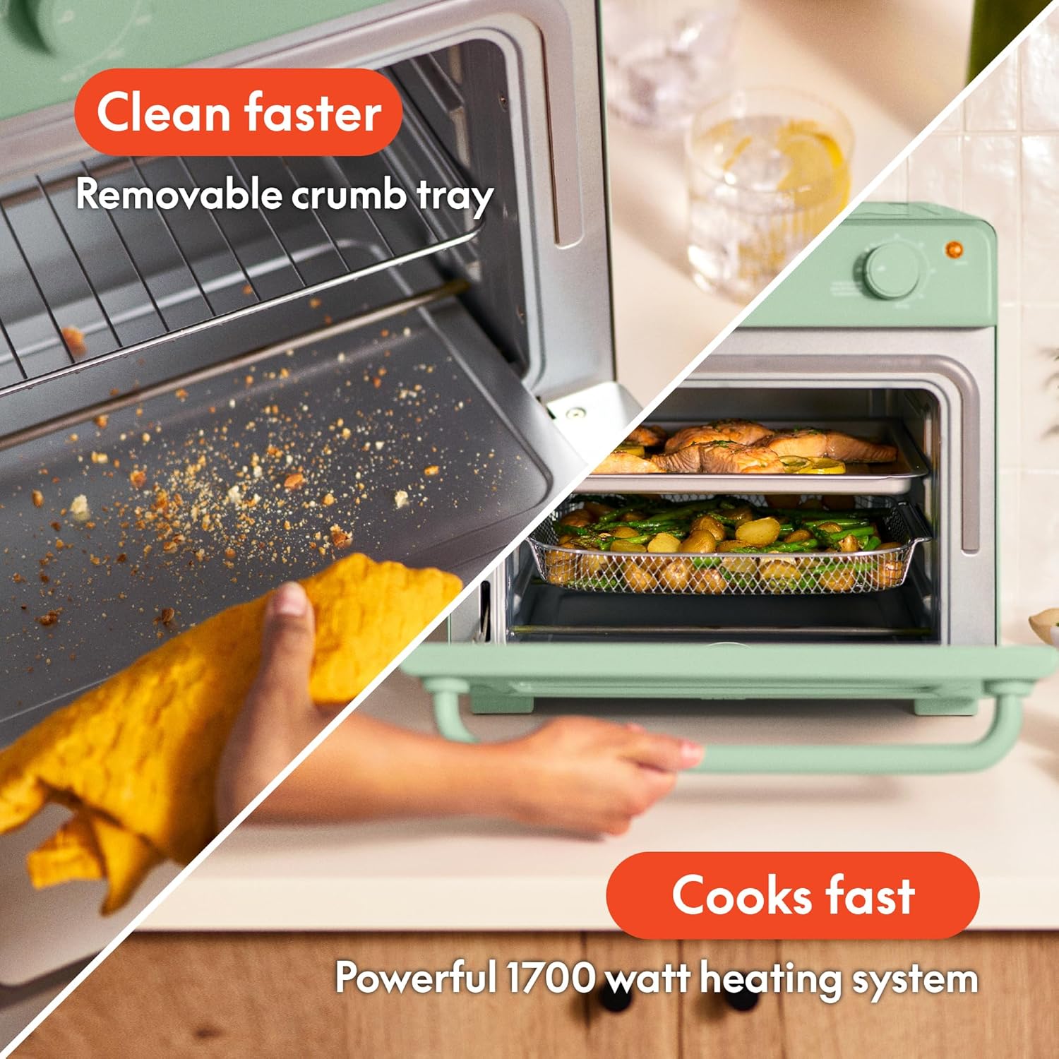 bella Air Fry Toaster Oven, 7 Preset Cooking Options, Dishwasher-Safe EverGood Coated Trays Included, 60-Minute Auto Shutoff w Audible Timer, Power Indicator Light, 1700 Watt, Seaglass