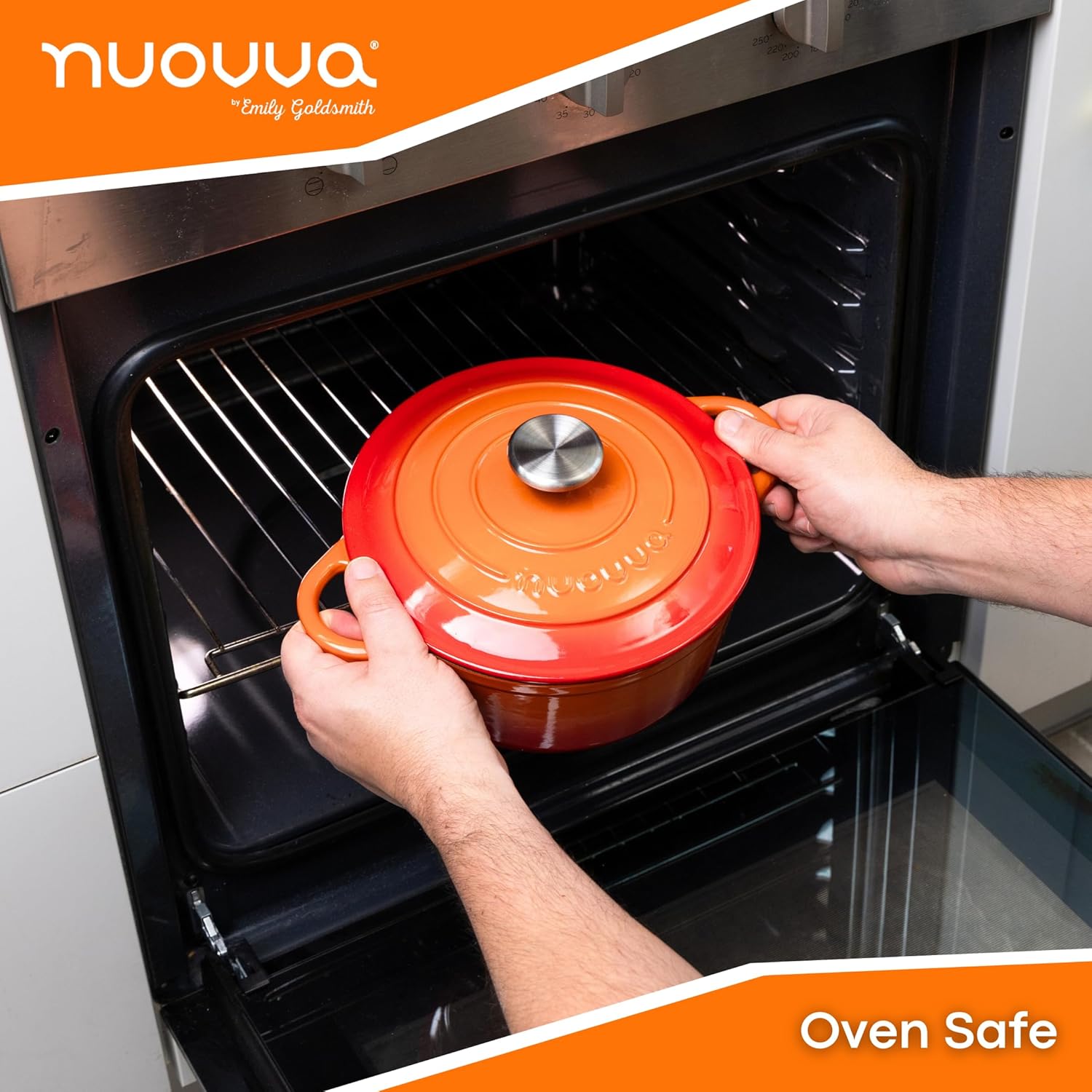 Cast Iron Pot with Lid – Non-Stick Ovenproof Enamelled Casserole Pot, Oven Safe up to 500° F – Sturdy Dutch Oven Cookware – Orange, 5-Quart, 24cm – by Nuovva