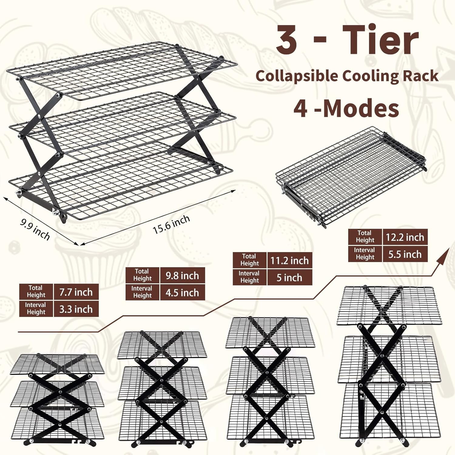 Pleafind 3 Tier Collapsible Cooling Rack - 3 Setting Design, Adjustable ＆ Stackable Baking Rack, 5 Modes Cooling Racks for Cooking and Baking, Roasting ＆ Grilling Gifts for Picnic Party