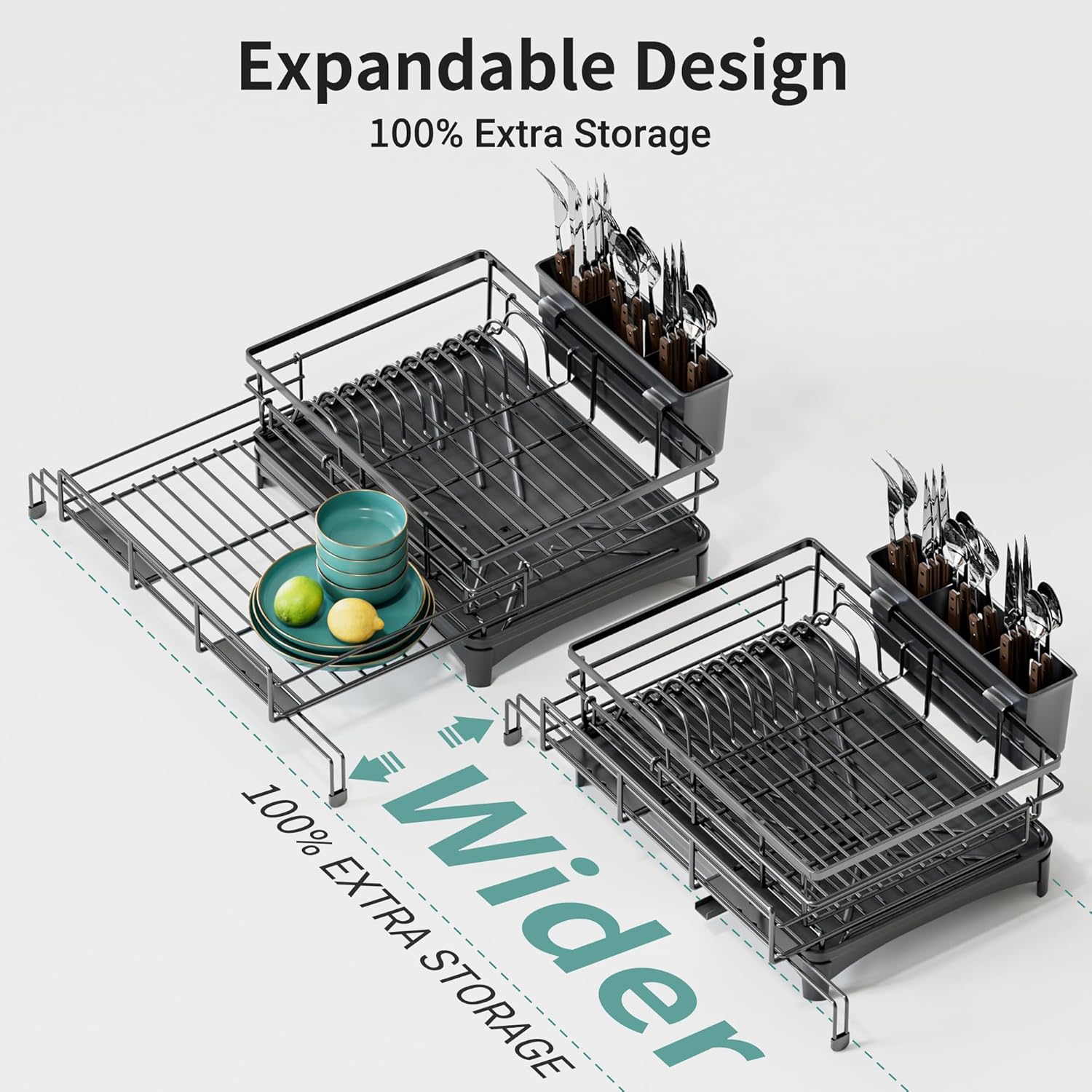 Large Dish Drying Rack - Expandable Dish drainers for Kitchen Counter,Over The Sink Dish Drainer Drying Rack,Rustproof Dish Drainer with Utensil Holder and Drainboard
