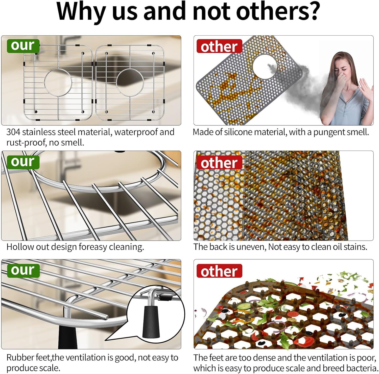 2Pack Sink Protectors for Kitchen Sink, 13’’x11-5/8’’ Stainless Steel Sink Protector with Center Drain, Rust Resistant Sink Grate for Bottom of Kitchen Sink with 2Pack Sink Drain Strainer